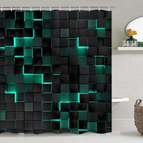 LQCOOL 4Pcs Green Shower Curtain Set 3D Cubes Bathroom Sets Modern Shower Curtain Set for Bathroom Sets with Rugs Black and Green Shower Curtain with 12 Hooks - color: Black Green