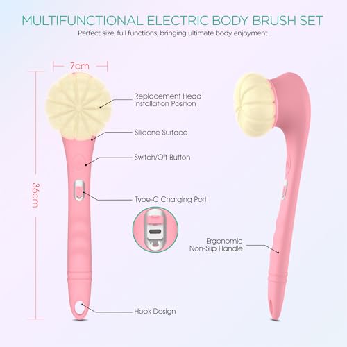 VOYOR Electric Body Brush Back Scrubber Silicone Body Scrubber Two-Way Rotating Brush Head for Deep Cleaning, Exfoliation, 4 Attachments Long Handle IPX6 Rechargeable Shower Brush BC300 (Pink) - color: Pink