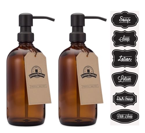 Jarmazing Products Amber Glass Jar Soap and Lotion Dispenser - 2 Pack - with Matte Black Pump - 16 oz - color: Amber/Black 16oz, size: Pack of 2