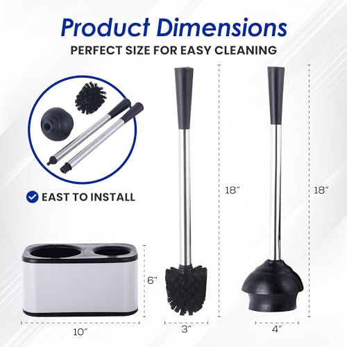 Stainless Steel Toilet Brush and Holder Set - Modern Toilet Brush and Plunger Set - Bathroom Essentials