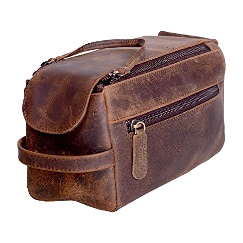 KomalC Premium Buffalo Leather Toiletry Bag for Men & Women With Water resistant Lining, Grooming Travel Pouch, Unisex Wash Bag for Toiletries, Gifts for Men and Women - color: Distressed Tan