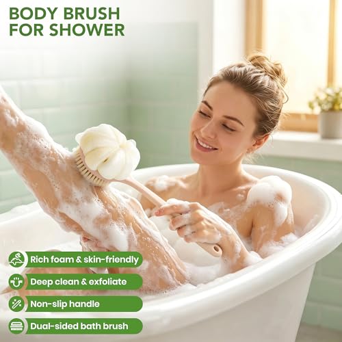 Back Scrubber for Shower, 15.7" Loofah with Handle, Back Shower Brush with Bristles and Loofah, Dry Brushing Body Brush for Cleanse Back and Hard to Reach Areas with Curved Long Handle, Pink - color: Pink