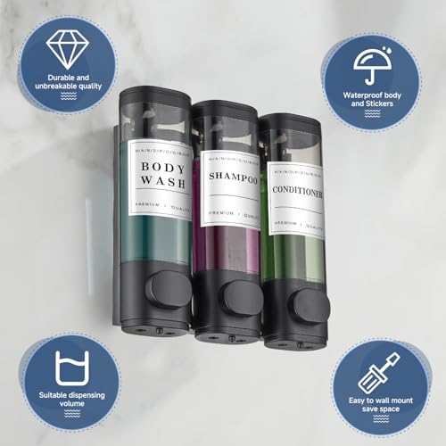 Shampoo and Conditioner Dispenser Shower Dispenser Body Wash Wall Mounted Shampoo Dispenser for Shower Wall No Drill for Bathroom Hotel 3 Chamber x 300ml Black with Waterproof Labels - color: Black 3