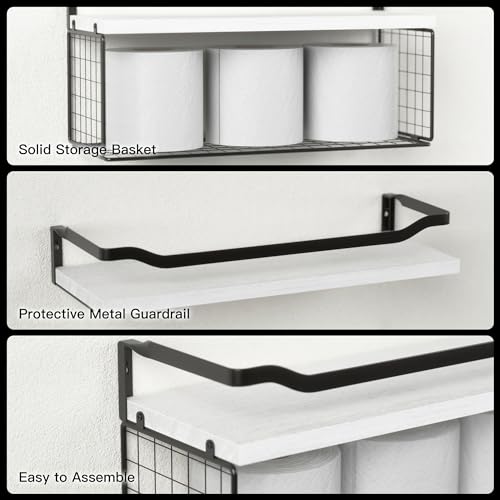 WOPITUES Floating Shelves with Wire Storage Basket, Bathroom Shelves Over Toilet with Protective Metal Guardrail, Wood Wall Shelves for Bathroom Organizers and Storage, Toilet Paper-White - color: White