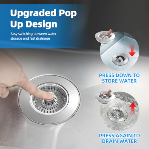 Hibbent Metal Kitchen Sink Drain Strainer and Stopper, Stainless Steel | Upgraded Universal 3 in 1 Pop Up Design, Detachable Larger Anti-Clog Basket, 3-Layer Seal Plug for Standard 3-1/2" Drain - color: Stainless Steel