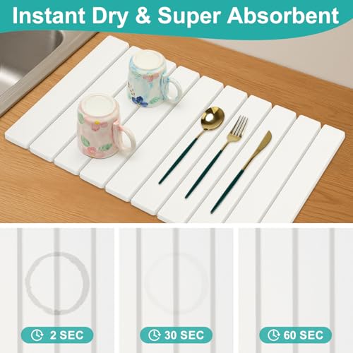 3 Pcs Large Stone Dish Drying Mat for Kitchen Sink Counter Dish Pads Diatomaceous Earth Mats Quick Fast Drying Stone Mat Diatomite Absorbent Tray Dry Matt Kitchen Countertop Dishes Drainer Mat - color: White