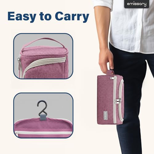 emissary Hanging Travel Toiletry Bag for Men, Dopp Kit - Pink | Built-in hook, waterproof wipe-clean lining, clear & mesh pockets; men's travel toiletry organizer, folds flat - color: Pink