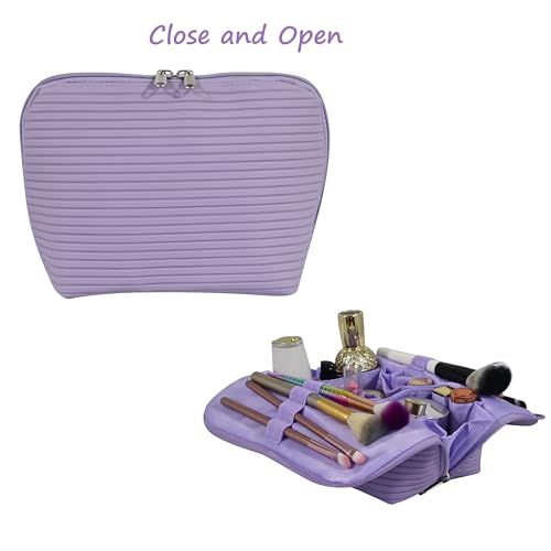 Travel Makeup Bag for Women, Waterproof Stand Up Cosmetic Bag with Brush Holders, Organizer Bag with Compartments, Fold-Down Design for Skincare, Toiletries & Essentials (Purple, Medium) - color: Purple, size: Medium