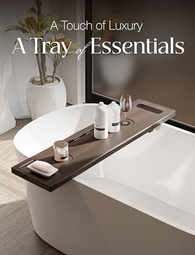 Tinamo Acacia Bathtub Tray Caddy with Adjustable Legs - Bath Tub Tray for Freestanding Tubs - 39x9.75 Inch Large Wooden Anti-Tipping Tub Tray for Bathtub with Accessories Holders (Walnut, 39x9.75) | Acacia Wood, Adjustable Width, 39" x 9.8" x 2.5", Multi-