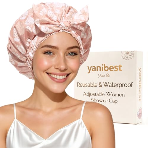 Yanibest Shower Cap for Women Reusable Waterproof, Adjustable Non-Slip Shower Hair Cap, Washable Bath Hat - color: Pink