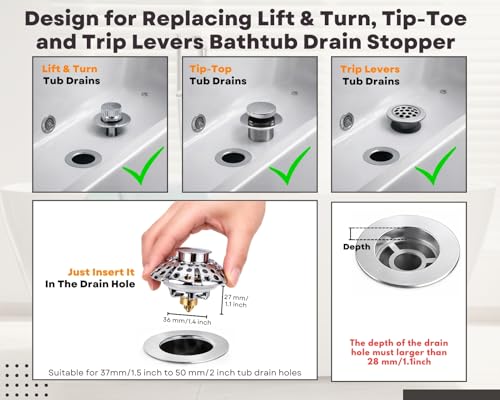 Universal Bathtub Drain Stopper, Bathtub Drain with Strainer, Pop Up Tub Drain Hair Catcher for 1-3/8 to 2in Tub Drain Hole