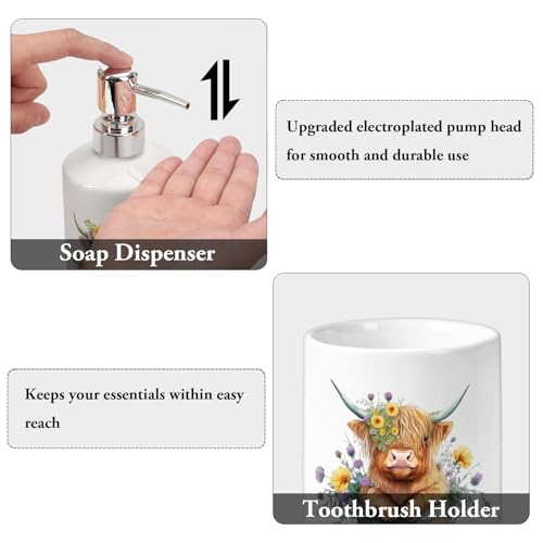 FYSUIMU Highland Cow Bathroom Toothbrush Holder Set Watercolor Rustic Cow Wildflower Ceramic Soap Dispenser with Tooth Brush Organizer for Modern Countertop Decor Set - color: Highland Cow
