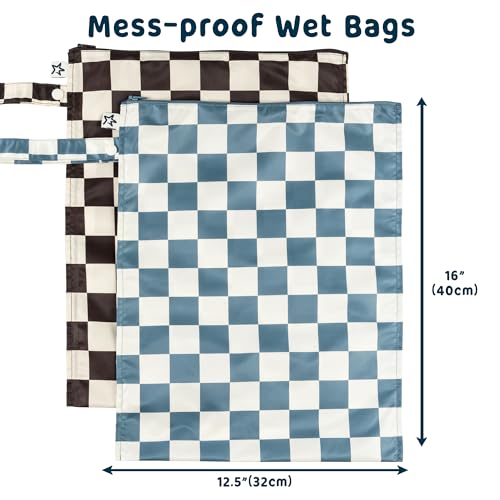 Tiny Twinkle Mess Proof Wet Bags | 2-Pack Reusable Waterproof Wet Bags for Swimsuits | Baby Clothes | Travel & Diaper Bag (Blue, Black Checkers) - color: Blue, Black Checkers, size: 2 Pack