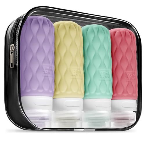 Silicone Travel Bottles for Toiletries 8 Pack Travel Size Toiletries 3.4 oz 1.7 oz, Leakproof Squeeze Travel Size Containers Refillable Cosmetic Jars Set for Shampoo, Conditioner, Creams - color: Sweet Ripple-3.4oz