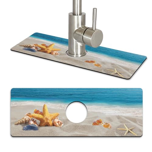 WIRESTER Super Absorbent, Fast Drying Kitchen Sink Splash Guard Faucet Mat, Sink Mat Behind Faucet Drip Catcher, Sink Gadget for Kitchen, Bathroom (15 x 5.5 Inch) - Seashells On The Beach - color: Seashells On The Beach