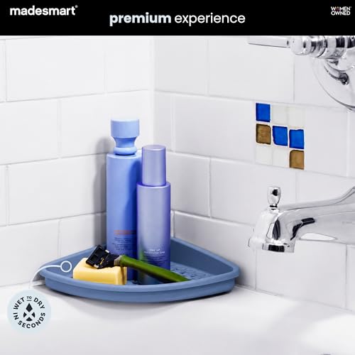 madesmart Bathtub Corner Shelf, Suction Cup Bath Organizer for Shampoo, Soap, Razors & Shower Accessories, Non Slip Bathroom Storage Tray with Drainage Holes, Blue - color: Blue