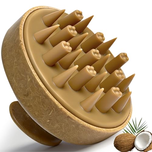 Nimiah Scalp Massager Hair Growth - Natural Coconut Shell Shampoo Brush with Dual Silicone Bristles for Dandruff Removal Stress Relax, Wet & Dry Use Scalp Scrubber for Thick Thin Curly Hair
