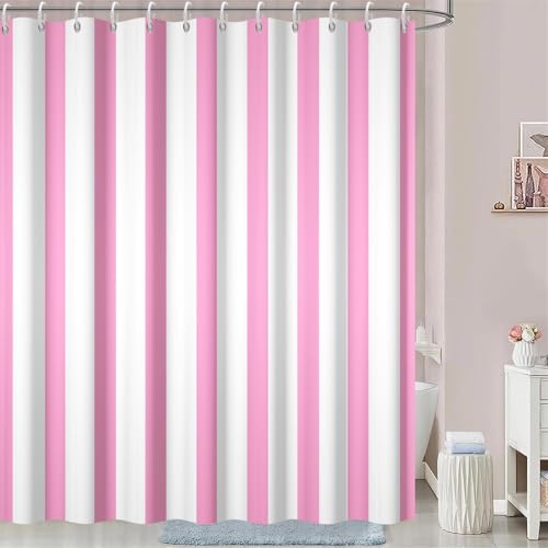 Pink White Striped Shower Curtain Sets Decor Pink and White Vertical Stripes Decor Modern Fashion Simple Bathroom Curtain for Home Bathtub Stall Decoration Hooks Included,48x72inch - color: Pink, size: 48"W x 72"L (Pack of 1)