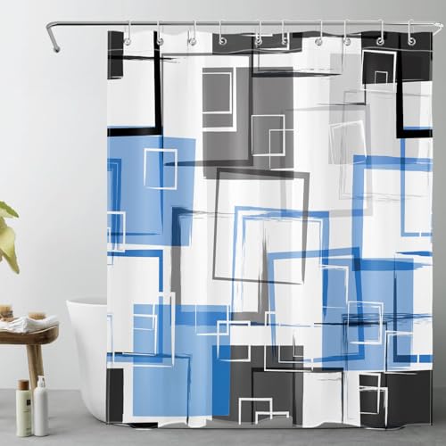 Blue Geometric Abstract Shower Curtain with Hooks Blue and Gray Neutral Design Geometric Fabric Shower Curtain Grey Fashion Mid Century Modern Bathroom Curtains Shower Set, 72Lx60W inches - color: Blue, size: 60"W x 72"L (Pack of 1)