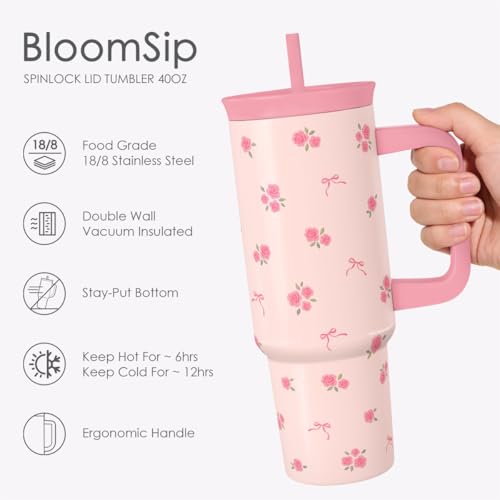 SANDJEST Rose Stainless Steel Locking Lid Silicone Straw Tumbler with Handle 40oz, Floral Insulated Stainless Steel Travel Cup for Women Girls Friends, Gift Idea for Birthday Christmas - color: Rose