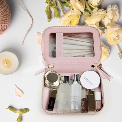 Prite Double Layer Makeup Bag for Women Portable Clear Makeup Bag Cute Waterproof Travel Cosmetic Bag with Gold Zipper for Car Essentials(Pearlescent Pink) - color: Pearlescent Pink, size: Standard - Double Layer