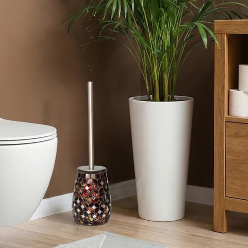 Handmade Mosaic Toilet Brush and Holder Set, Decorative Brown Glass Toilet Bowl Brush with Stainless Steel Handle, Luxury Bathroom Accessories Set, Mosaic Bathroom Decor, Weighted Base - color: Brown Mosaic