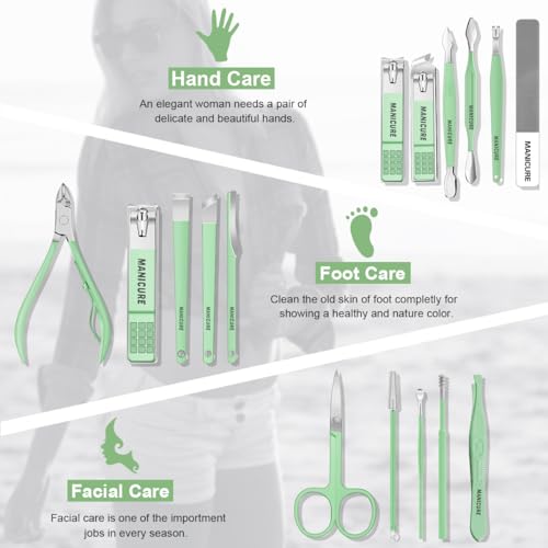 Manicure Set Professional Nail Clippers Pedicure Kit, 16 pcs Stainless Steel Nail Care Tools Grooming Kit with Luxurious Travel Leather Case for Thick Nails Men Women Gift (Green) - color: Green