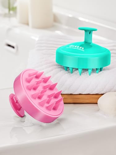 HEETA Scalp Massager Hair Growth 2-Pack, Soft Silicone Scalp Scrubber Shampoo Brush for Exfoliation Dandruff Removal Head Massage Stress Relax, Wet & Dry Use for Women Men Thick Thin Curly Hair Care - color: 01- Pink & Green