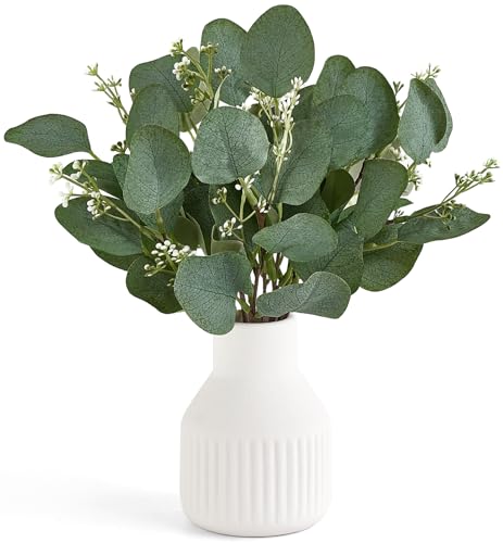 Dahey Artificial Eucalyptus Stems in Small Ceramic Vase Centerpiece Table Decorations Modern Farmhouse Decor Fake Eucalyptus Plants with Vase for Bathroom Kitchen Shelf Living Room Home Decor, White - color: White, size: Small