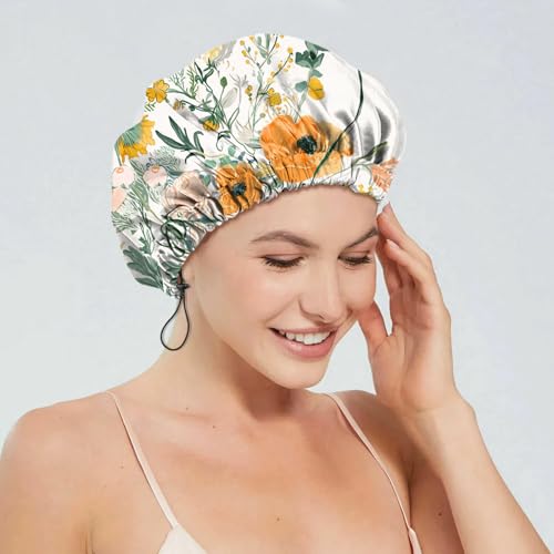 2 PCS Shower Cap Reusable Waterproof Double Layers Hair Caps Shower Bath Adjustable Elastic Hat for Women Girls Cute Aesthetic-Flower Bat - color: AI13-Flower Bat