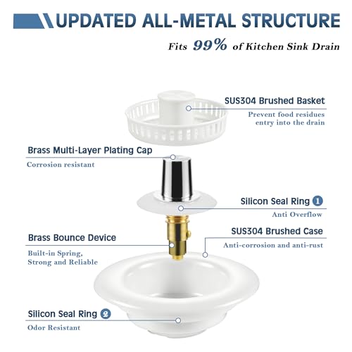 Kitchen Sink Drain Strainer 3 in 1, 304 Stainless Steel Pop Up Sink Stopper, Anti-Clogging Sink Drain Strainer for US Standard Kitchen Drain (White) - color: White, size: 1 Pack