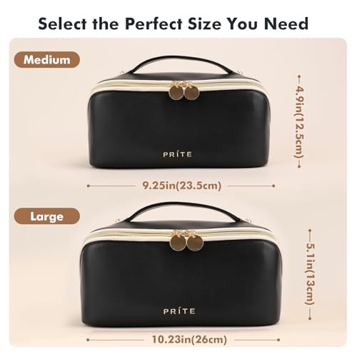 Prite Makeup Bag for Women Travel Waterproof Vegan Leather Cosmetic Bag Open Flat Toiletry Bag With Clear Divider and Handle (Black, Large) - color: Black, size: Large