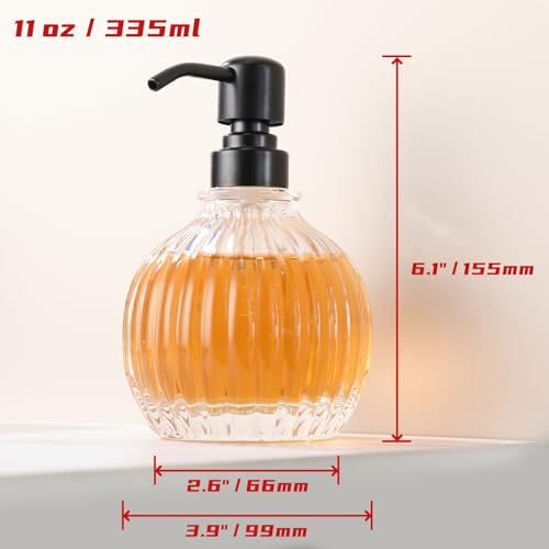 Round Soap Dispenser Bathroom with Black Pump, Glass Pump Bottle with Stainless Steel Pump Liquid Sphere Soap Dispenser Circular Countertop Kitchen - color: Black, size: 11oz-Round