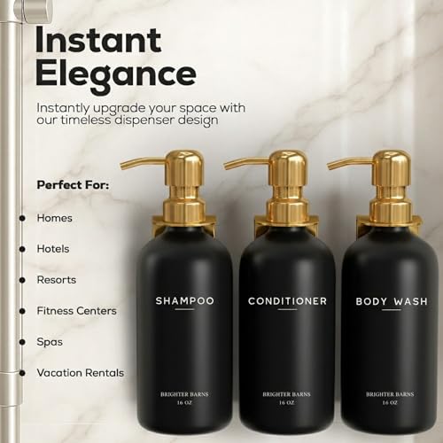 Luxury Shampoo and Conditioner Dispenser Set Wall Mounted by Brighter Barns - Refillable Shower Shampoo Dispenser and Stainless Steel Pumps - Modern Bathroom Decor for Guest House, Airbnb (Black Gold) - color: Modern (Black Gold)