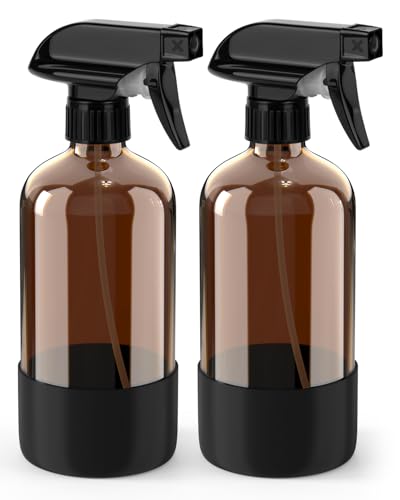 Bontip Glass Spray Bottle with Silicone Sleeve Protection, Amber Glass Spray Bottle Set for Window Cleaner Aromatherapy Facial Hydration Watering Flowers Hair Care 2 Pack/16 oz (Black) - color: Black, size: 16 Ounces