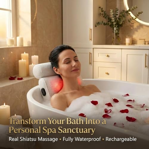 MONET Massaging Bath Pillow — Shiatsu Neck and Back Massager for Tub with 2 Speeds — IPX8 Waterproof Deep Kneading Comfort — 4 Massage Nodes USB-C Rechargeable — Spa Gift for Women — Fits All Tubs