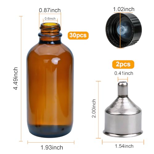YINGERHUAN 4 oz Amber Glass Bottles - Small Glass Jars with Black Lids Empty Boston Bottle,Dispensing Bottles for Homemade Vanilla Extract, Essential Oils, Herbal Medicine (30)