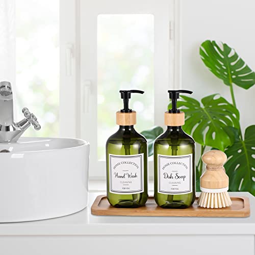Zopeal 4 Pcs 16 oz Kitchen Soap Dispenser Set with Bamboo Tray and Dish Brush Plastic Soap Dispenser Set with Waterproof Labels for Hand Dish Lotion(Green) - color: Green