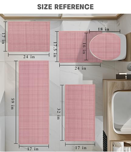 YIHOUSE Bathroom Rugs Sets 5 Pieces, Pink Ultra Thin Bath Mats Fit Under Door, Absorbent Quickly Dry Rubber Backing Braided Bath Mat Set, Non Slip Washable Bath Rugs for Bathroom Floor, Pink - color: Pink Multi, size: 5pieces