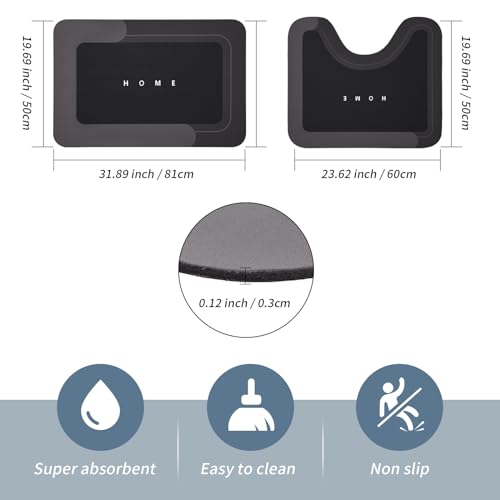 Housego 2PCS Absorbent Bath Mat Magic Rug Sets, Quick Drying Bath Mat Non-Slip Floor Rug Rubber Backed for Bathroom Kitchen Shower Sink, Water Absorbent (19.7''x23.6''+19.7''x31.9'', Black) - color: Black, size: 2 PCS (19.7" x 23.6", 19.7" x 31.9")