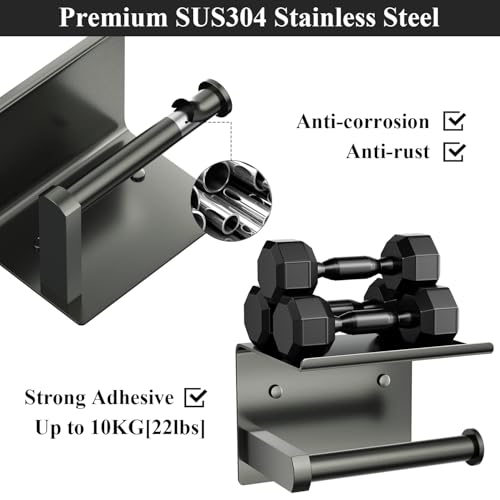Tindbea Toilet Paper Holder with Phone Shelf + Towel Robe Hooks, Adhesive or Screw Wall Mounted Toilet Paper Roll Storage, Stainless Steel Bathroom Tissue Roll Holder (Polished Grey) - color: Polished Grey, size: Regular