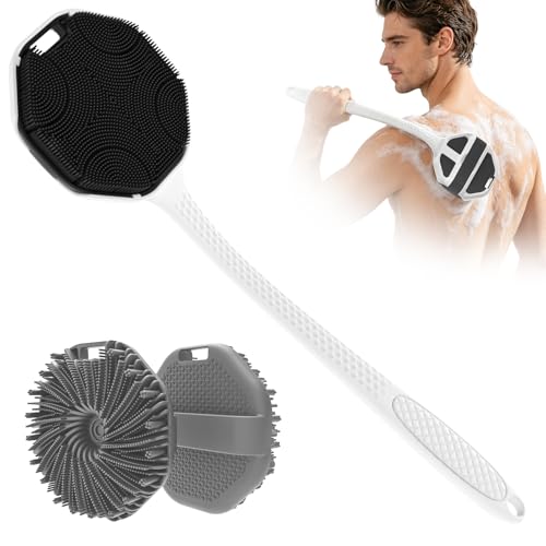 Back Scrubber for Shower for Men 2 Pack, Silicone Body Scrubber with Long Handle, Detachable Body Wash Scrubber Shower Scrub Brush -Lathering Bristles Deep Clean Exfoliator Women Mens Black+Grey - color: Black+grey