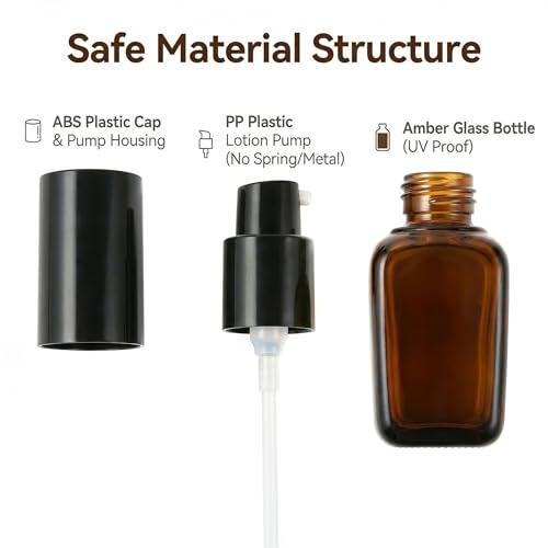 Erioctry 3PCS 100ml Amber Glass Pump Bottles - Refillable Square Containers - size: 100ML