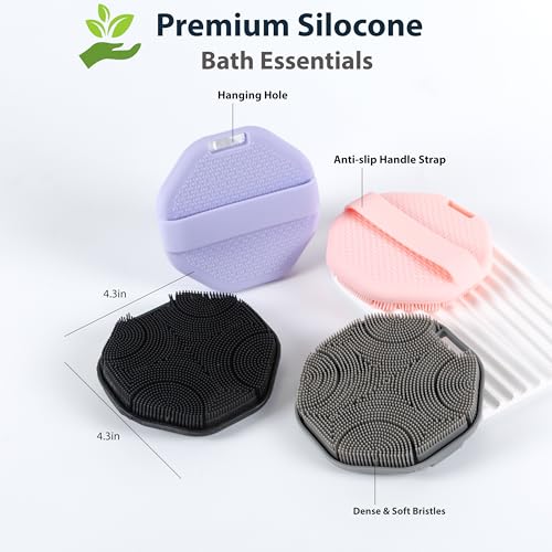 MtBoi 2 Pack Silicone Exfoliating Body Scrubber with Handle, Soft Silicone Loofah for Sensitive Skin, Body Brush & Shower Head Massager with Hanging Loop, Easy to Clean, Rich Lather (Gray&Pink) - color: Gray&pink