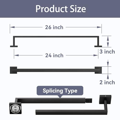 Matte Black Towel Bar, 24 Inch Bathroom Towel Rack, Towel Holder Wall Mounted, Square Base Thicken SUS304 Stainless Steel Towel Rod Modern Home Decor - size: 26 Inch (1 Pieces)