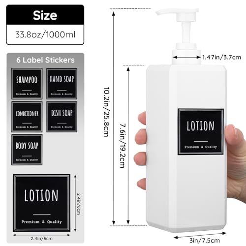 Segbeauty 33.8oz Square Plastic Soap Dispenser Refillable, 3pcs Large Empty Soap Dispenser Bathroom Kitchen, White 1000ml Shampoo Pump Bottle Set, Lotion Body Wash Hand Wash Bottles with Labels - color: White, style: 3pcs
