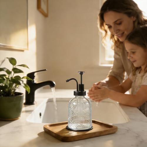 11.8Oz Vintage Glass Bathroom Soap Dispensers with Black Pump, Refillable Kitchen Dish Soap Dispenser with Embossed Leaf, Modern Farmhouse Hand Soap Liquid Bottle -2 Pack - color: Clear/Black, size: 2Pack