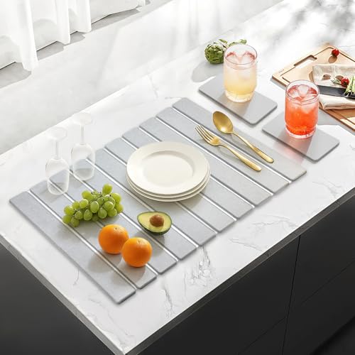 Large Stone Dish Drying Mat for Kitchen Sink Countertop Dish Drainer Diatomaceous Earth Mat Collapsible Dishes Rack Drying Tray Water Absorbent Quick Draining Pads Fast Foldable Bathroom Drying Mats - color: Light Gray