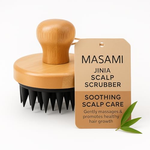 MASAMI Jinia Scalp Scrubber, Bamboo Shampoo Exfoliating Brush | Head Exfoliator, Silicone Bristles, Promotes Healthy Blood Flow, Dandruff Removal