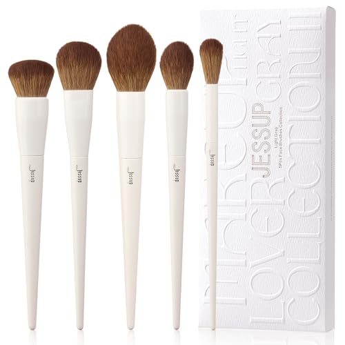 Jessup Makeup Brush Set 5Pcs Face Makeup Brushes Vegan Soft Foundation Brush Blush Brush Bronzer Contour Brush Highlighter Brush Fluffy Setting Powder Brush, Light Grey T493 - color: E-Light Grey-5pcs, size: Full Brush Set